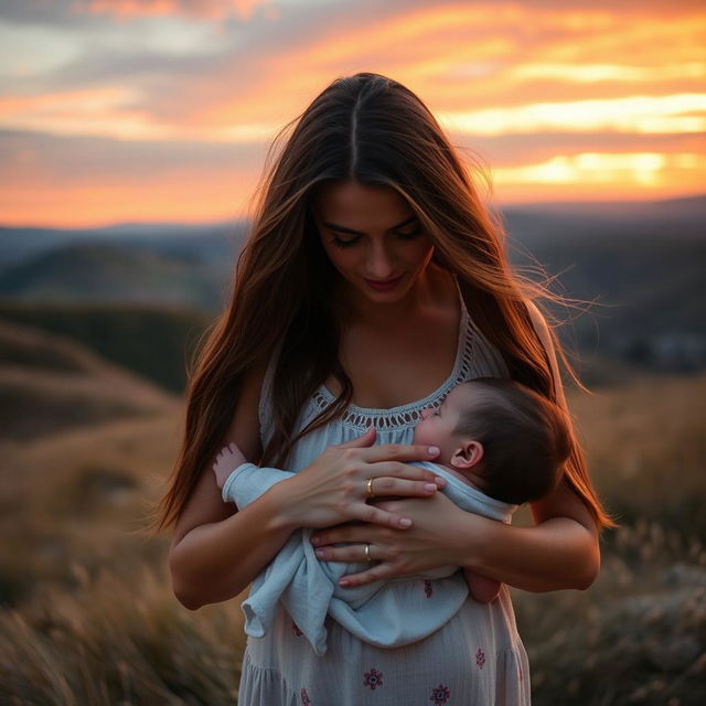 A stunning 30-year-old woman with long flowing hair, gently breastfeeding a baby in a serene, distant landscape