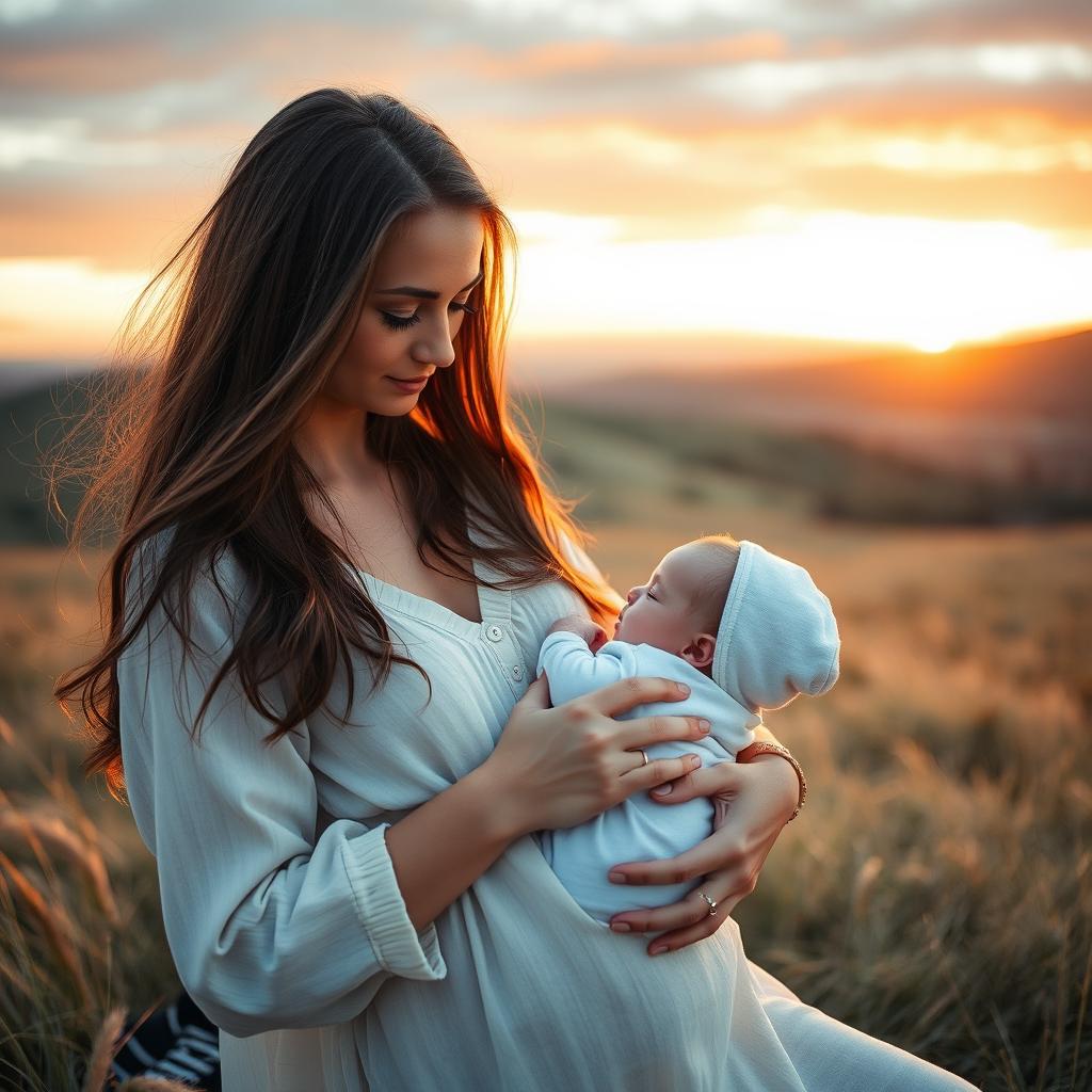 A stunning 30-year-old woman with long flowing hair, gently breastfeeding a baby in a serene, distant landscape