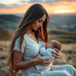 A stunning 30-year-old woman with long flowing hair, gently breastfeeding a baby in a serene, distant landscape