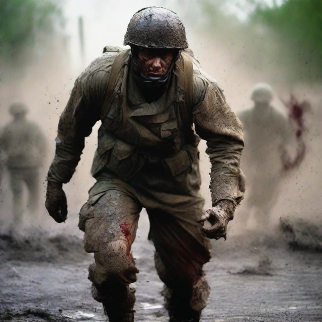 Create an intense image of a soldier in combat against the enemy, his uniform and skin streaked with sweat, blood, mud, and dirt, capturing the harsh realities of war on a chaotic battlefield