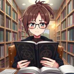 A 16-year-old female anime character with a short brown ponytail and stylish glasses, sitting in a cozy library