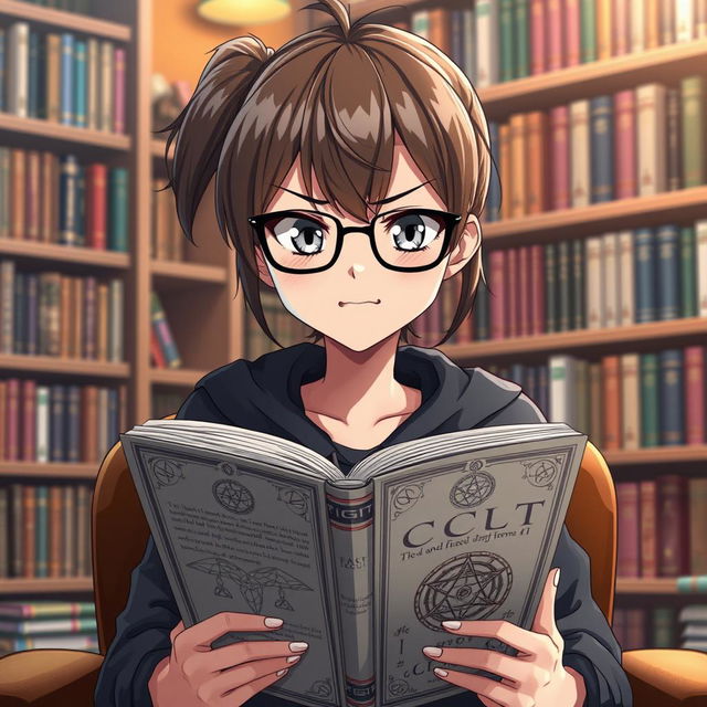 A 16-year-old female anime character with a short brown ponytail and stylish glasses, sitting in a cozy library