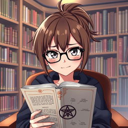 A 16-year-old female anime character with a short brown ponytail and stylish glasses, sitting in a cozy library