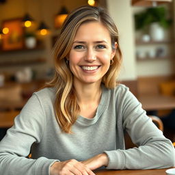 A full-length photo of a woman aged 30-35 with a natural appearance, featuring minimal makeup and well-groomed hair