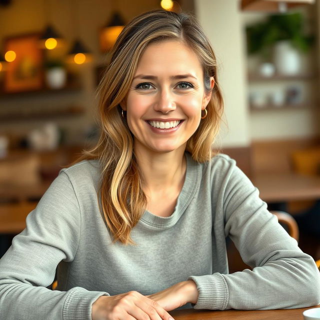 A full-length photo of a woman aged 30-35 with a natural appearance, featuring minimal makeup and well-groomed hair