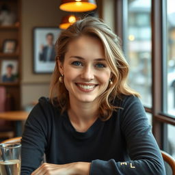 A full-length photo of a woman aged 30-35 with a natural appearance, featuring minimal makeup and well-groomed hair