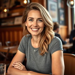 A full-length photo of a woman aged 30-35 with a natural appearance, featuring minimal makeup and well-groomed hair