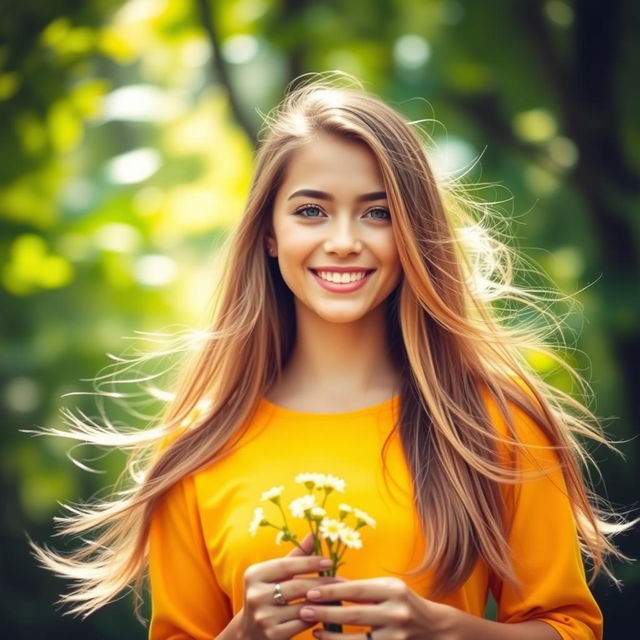 A portrait of a young woman with long flowing hair, brightly colored clothing, and a joyful expression