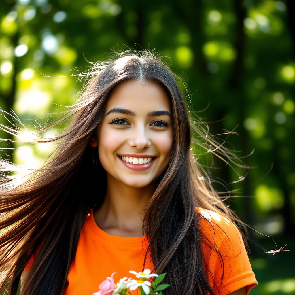 A portrait of a young woman with long flowing hair, brightly colored clothing, and a joyful expression