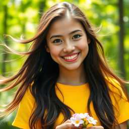 A portrait of a young woman with long flowing hair, brightly colored clothing, and a joyful expression