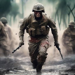 Create an intense image of a soldier in combat against the enemy, his uniform and skin streaked with sweat, blood, mud, and dirt, capturing the harsh realities of war on a chaotic battlefield