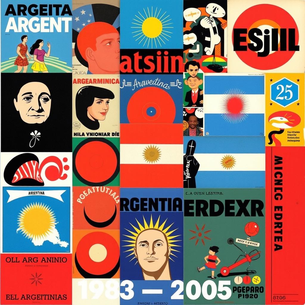 A vibrant and artistic representation of Argentine graphic design spanning from 1983 to 2005