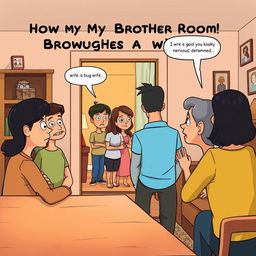 A cartoon-style illustration depicting a scene from "How My Brother Leon Brought Home A Wife" where the male protagonist and his wife are in another room while the protagonist's family observes them from the living room