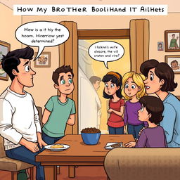 A cartoon-style illustration depicting a scene from "How My Brother Leon Brought Home A Wife" where the male protagonist and his wife are in another room while the protagonist's family observes them from the living room