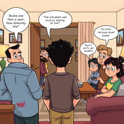 A cartoon-style illustration depicting a scene from "How My Brother Leon Brought Home A Wife" where the male protagonist and his wife are in another room while the protagonist's family observes them from the living room