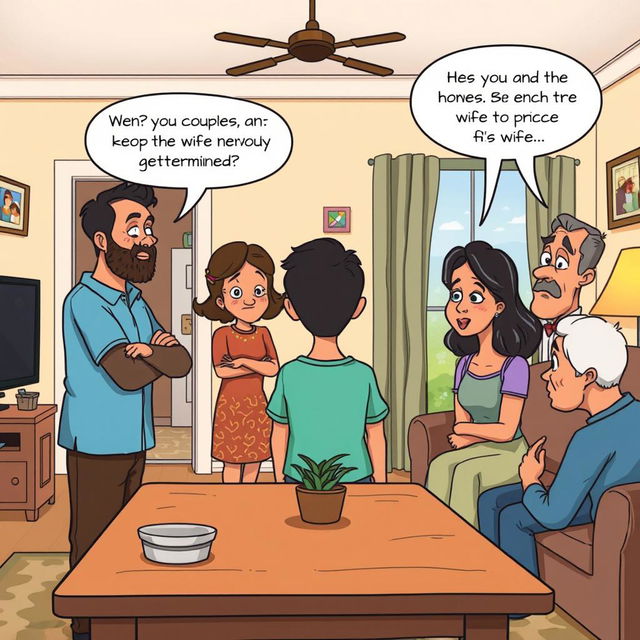 A cartoon-style illustration depicting a scene from "How My Brother Leon Brought Home A Wife" where the male protagonist and his wife are in another room while the protagonist's family observes them from the living room