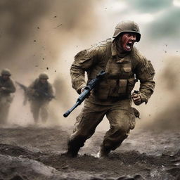 Create a vivid image of a soldier screaming in the thick of combat against the enemy, his uniform and skin streaked with sweat, blood, mud, and dirt, capturing the harsh realities of war on a chaotic battlefield