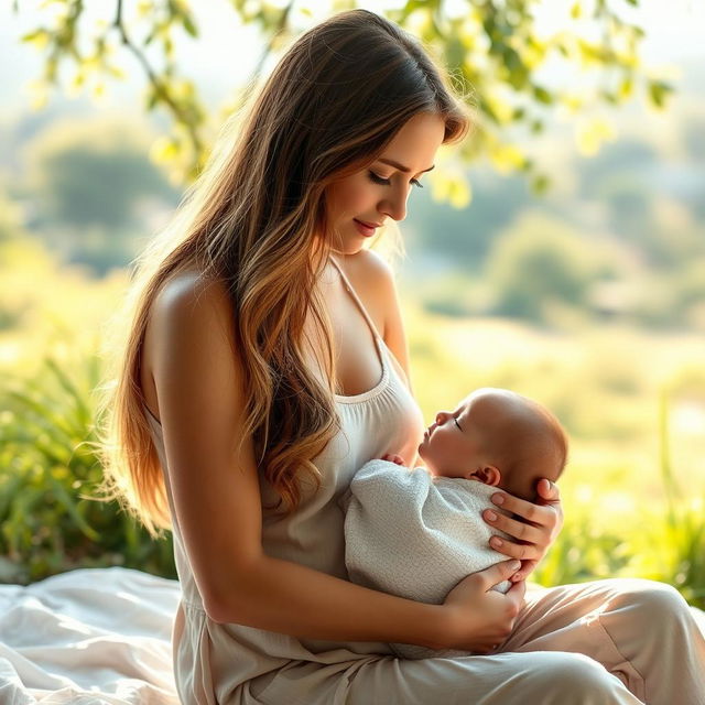 A stunning 30-year-old woman with long, flowing hair sitting in a serene setting, gently breastfeeding a baby