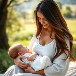 A stunning 30-year-old woman with long, flowing hair sitting in a serene setting, gently breastfeeding a baby