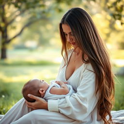 A stunning 30-year-old woman with long, flowing hair sitting in a serene setting, gently breastfeeding a baby