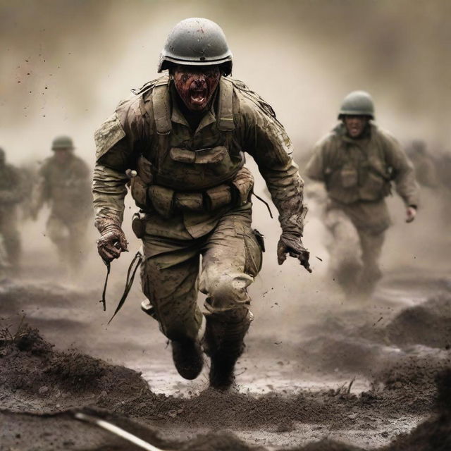 Create a vivid image of a soldier screaming in the thick of combat against the enemy, his uniform and skin streaked with sweat, blood, mud, and dirt, capturing the harsh realities of war on a chaotic battlefield