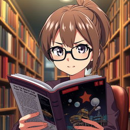 A 16-year-old female anime character with a short brown ponytail and stylish glasses, sitting in a cozy library