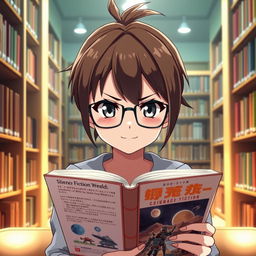 A 16-year-old female anime character with a short brown ponytail and stylish glasses, sitting in a cozy library