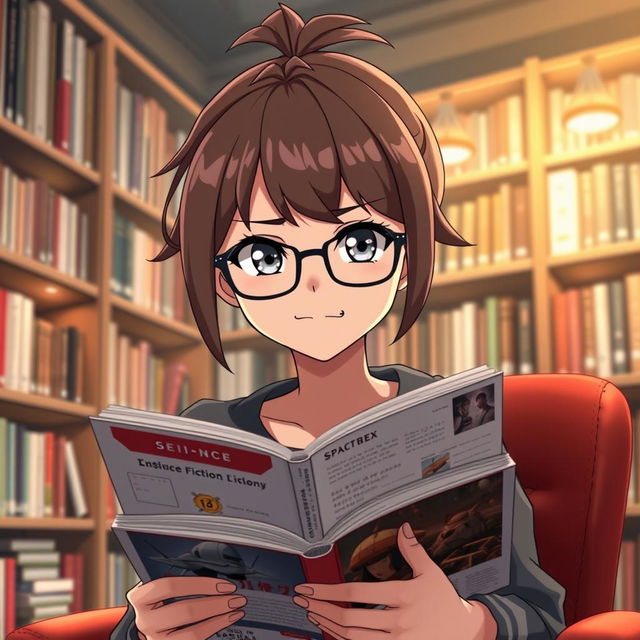 A 16-year-old female anime character with a short brown ponytail and stylish glasses, sitting in a cozy library