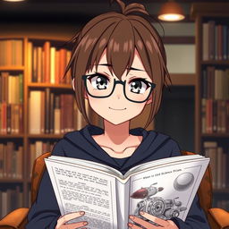 A 16-year-old female anime character with a short brown ponytail and stylish glasses, sitting in a cozy library
