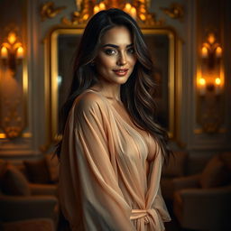 A seductive scene featuring a confident, elegant woman in a luxurious setting
