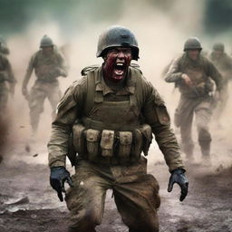 Create a vivid image of a soldier screaming in the thick of combat against the enemy, his uniform and skin streaked with sweat, blood, mud, and dirt, capturing the harsh realities of war on a chaotic battlefield