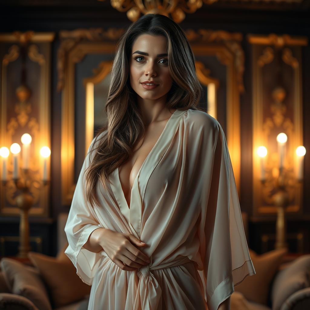 A seductive scene featuring a confident, elegant woman in a luxurious setting