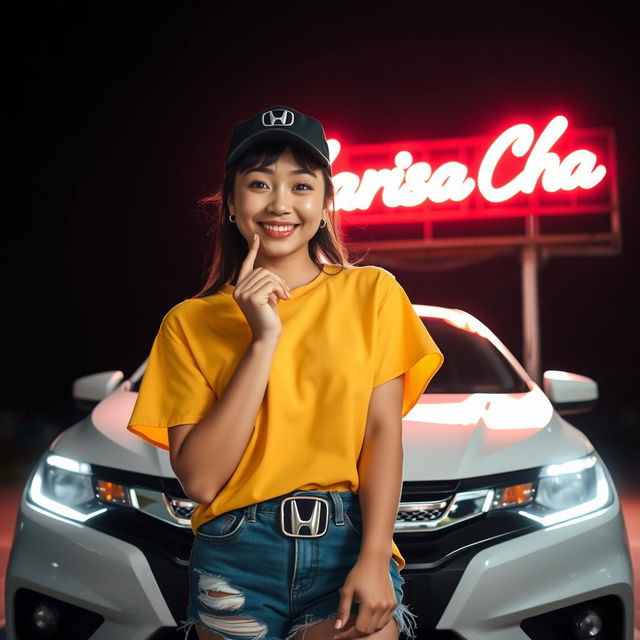 A cheerful young Korean woman wearing a black baseball cap, standing in front of a white Honda City sedan at night