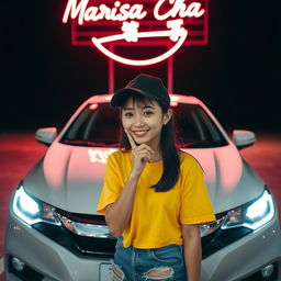 A cheerful young Korean woman wearing a black baseball cap, standing in front of a white Honda City sedan at night