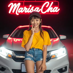 A cheerful young Korean woman wearing a black baseball cap, standing in front of a white Honda City sedan at night