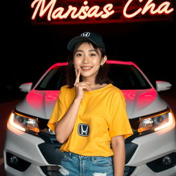 A cheerful young Korean woman wearing a black baseball cap, standing in front of a white Honda City sedan at night