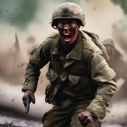 Create a vivid image of a soldier screaming in the thick of combat against the enemy, his uniform and skin streaked with sweat, blood, mud, and dirt, capturing the harsh realities of war on a chaotic battlefield