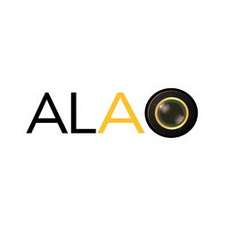 A logo design featuring the name 'ALAA' prominently integrated with a camera lens motif