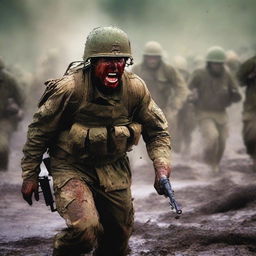 Create a vivid image of a soldier screaming in the thick of combat against the enemy, his uniform and skin streaked with sweat, blood, mud, and dirt, capturing the harsh realities of war on a chaotic battlefield