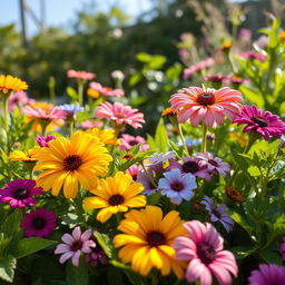 A close-up shot of a vibrant flower garden, showcasing various types of flowers in full bloom