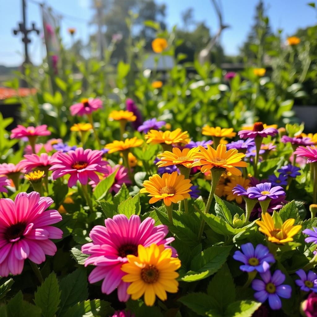 A close-up shot of a vibrant flower garden, showcasing various types of flowers in full bloom