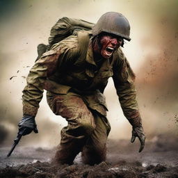 Create a vivid image of a soldier screaming in the thick of combat against the enemy, his uniform and skin streaked with sweat, blood, mud, and dirt, capturing the harsh realities of war on a chaotic battlefield