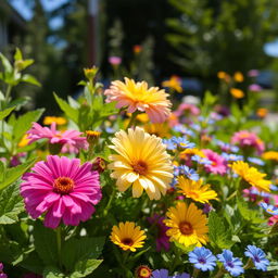 A close-up shot of a vibrant flower garden, showcasing various types of flowers in full bloom