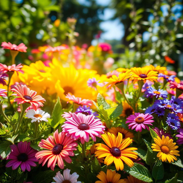 A close-up shot of a vibrant flower garden, showcasing various types of flowers in full bloom