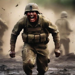 Create a vivid image of a soldier screaming in the thick of combat against the enemy, his uniform and skin streaked with sweat, blood, mud, and dirt, capturing the harsh realities of war on a chaotic battlefield