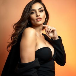 A close-up view of an attractive female figure exuding confidence and allure, with an emphasis on her stylish clothing and body language