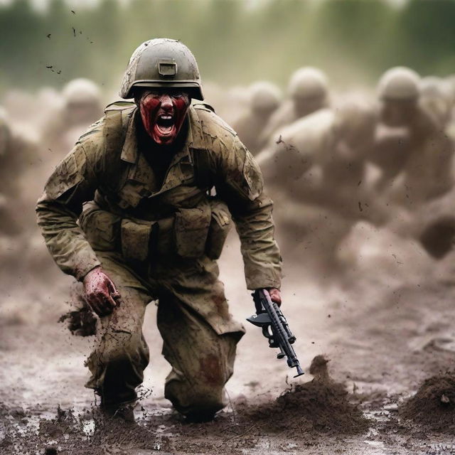 Create a vivid image of a soldier screaming in the thick of combat against the enemy, his uniform and skin streaked with sweat, blood, mud, and dirt, capturing the harsh realities of war on a chaotic battlefield