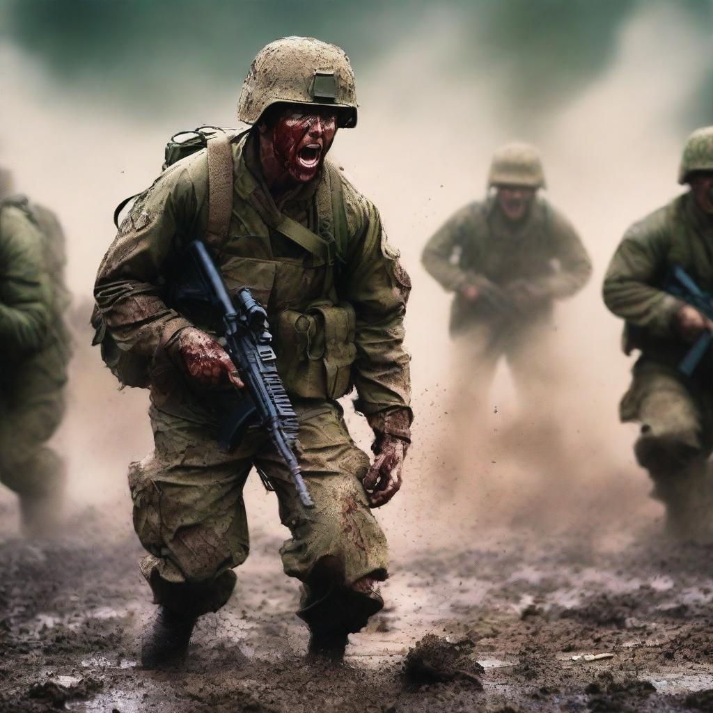 Create a vivid image of a soldier attacking and screaming in the thick of combat against the enemy, his uniform and skin streaked with sweat, blood, mud, and dirt, capturing the harsh realities of war on a chaotic battlefield