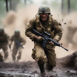 Create a vivid image of a soldier attacking and screaming in the thick of combat against the enemy, his uniform and skin streaked with sweat, blood, mud, and dirt, capturing the harsh realities of war on a chaotic battlefield