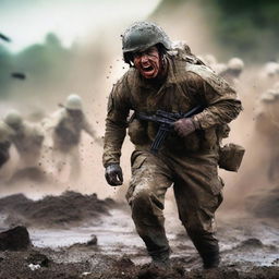 Create a vivid image of a soldier attacking and screaming in the thick of combat against the enemy, his uniform and skin streaked with sweat, blood, mud, and dirt, capturing the harsh realities of war on a chaotic battlefield